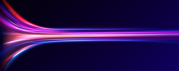 Fototapete - Vector dark blue abstract background with ultraviolet neon glow, blurry light lines, waves. High speed effect motion blur night lights blue and red. Magic shining neon light line trails.