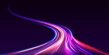 Dynamic Composition Of Bright Lines Forming Lights Track Of Speed Movement. Futuristic Neon Light Effect. Speed Of Light Concept Background	