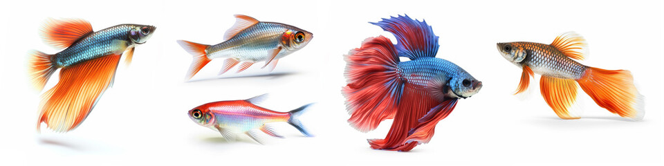 Wall Mural - Animals popular fishes pets aquarium freshwater fish banner panorama long - Collection of betta, guppy, neon tetra, isolated on white background, Generative Ai