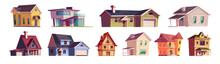 Vector House Town Building Icon Illustration Set. Village Cottage Cartoon Facade Construction With Window, Terrace And Garage. Variety Little Brick Villa Architecture Isolated On White Background