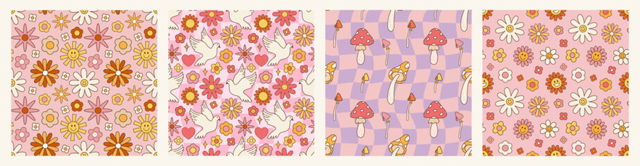 Canvas Print - retro psychedelic set 60s 70s vector seamless patterns, groovy hippie style background. cartoon prin
