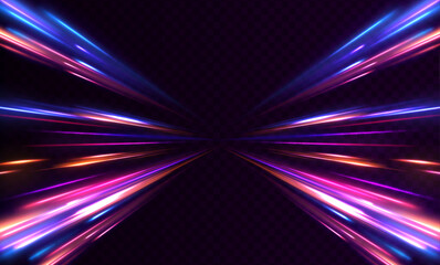 Fototapete - Cyberpunk light trails in motion or light slow shutter effect. Acceleration speed motion on night road. Bright sparkling background. Panoramic high speed technology concept, light abstract background.