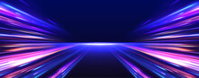  Vector Glitter Light Fire Flare Trace. Abstract Image Of Speed Motion On The Road. Dark Blue Abstract Background With Ultraviolet Neon Glow, Blurry Light Lines, Waves