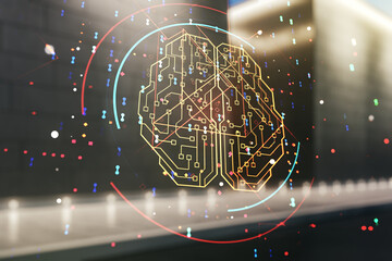 Wall Mural - double exposure of creative human brain microcircuit hologram on contemporary business center exteri