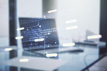 Wall Mural - double exposure of abstract programming language on laptop background, research and development conc