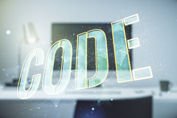 Wall Mural - creative code word sign on modern computer background, international software development concept. m