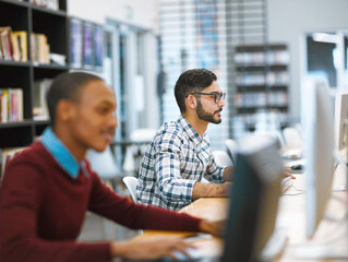 Aufkleber - Education, university and students in computer library working or studying on desktop or doing exams on the portal and in college. Research, learning and scholar reading or academic and online course