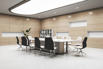 Modern conference room interior design with lighting ceiling, perspective view on huge meeting table with stylish chairs on light glossy floor and wooden wall background with decoration. 3D rendering