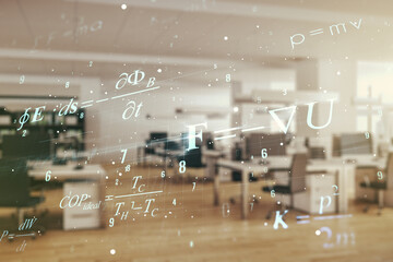 Abstract scientific formula hologram on a modern furnished office background. Multiexposure