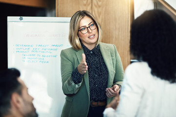 Poster - Presentation meeting, discussion and business woman brainstorming, planning and giving instruction. Project management, communication and leader speech, report or conversation with listening group