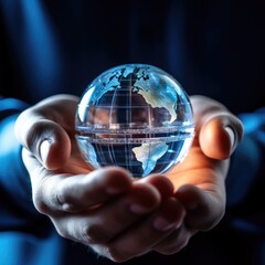 Leinwandbilder - Businessman holds crystal globe in hands,Crystal Earth On green grass Environment concept, Glass globe in the grass,AI generated.
