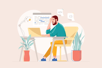 Programming yellow concept with people scene in the flat cartoon design. A programmer looks for an error in the written code. Vector illustration.