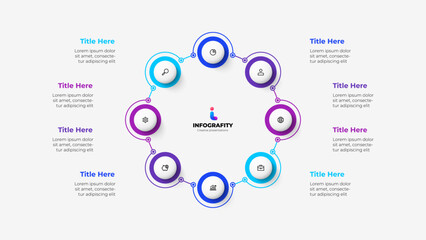 Diagram with eight circles connected by thin lines. Template for cycle business presentation. Vector infographic design illustration with 8 options