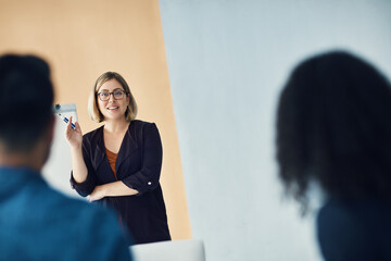 Wall Mural - Presentation meeting, seminar speech and woman talking, discussion or communication with investment clients. Event presenter, speaker and female business leader speaking to listening conference group