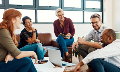 Aufkleber - Happy business people, creative meeting and teamwork in fun collaboration, planning or strategy at office. Friendly group of employees laughing in funny team discussion, project plan or startup
