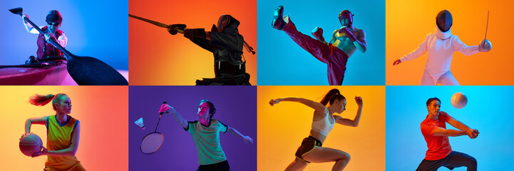 Collage made of different people of various age and gender doing different kind of sports against multicolored background in neon light. Concept of sport, action and motion, competition, game