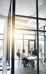 Leinwandbilder - Planning, teamwork and meeting with business people in office for strategy, brainstorming and solution. Corporate, collaboration and conference with employees in boardroom for negotiation development