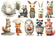 Watercolor Set Of Cute Baby A Wolf And A Deer With A Scarf, A Bear With A Garden Wheelbarrow, A Squirrel With A Nut, A Hedgehog With An Apple, A Raccoon With A Basket, A Fox With An Umbrella