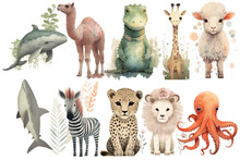 Watercolor Set Of Cute Baby Giraffe, Lion, Crocodile, Zebra, Whale, Camel, Octopus, Shark, Lamb, Leopard Safari Animals. Cartoon Animal For Decoration Design. Cute Animals Vector Set. Hand-drawn