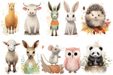 Watercolor Set Of Cute Baby Donkey, Hedgehog, Panda, Cow, Camel, Sheep, Hare, Mouse, Kangaroo, Owl Safari Animals. Cartoon Animal For Decoration Design. Cute Animals Vector Set. Hand-drawn Watercolor