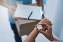 Watch, Late And Delivery With A Customer Checking The Time For Service Delivery Of A Courier Company. Logistics, Ecommerce And Retail With A Consumer Timing The Shipping Of An Online Shopping Product
