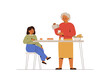Baby Girl and grandma drinking tea with cake on the kitchen. Senior woman and her granddaughter talking and have breakfast. Generation friendship concept. Vector illustration