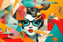 Retro Woman Collage: Nostalgic 50s-60s Pop Art Poster, Trendy And Cool Colourful Scrapbook Design, Minimalistic Model Advertisement Print, Glamour And Elegance In Graphic Artwork, Creative Inspiration
