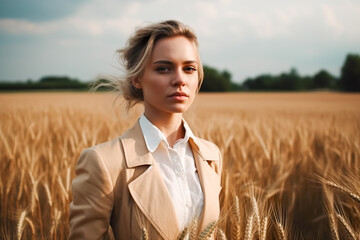 Portrait of a beautiful young woman in a beige coat on a wheat field. Generative AI