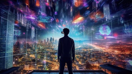 Fototapete - A businessman programmer looks at graphs, statistics, formulas.Generative AI