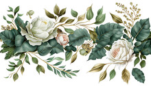 Watercolor Seamless Border - Illustration With Green Gold Leaves, White Flowers, Rose, Peony And Branches, For Wedding Stationary, Greetings, Wallpapers, Fashion, Backgrounds, Wrappers. Generative AI.
