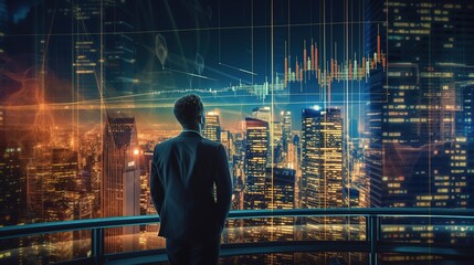 Fototapete - A businessman looks at charts and statistics, analyzes them.Generative AI