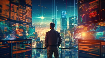 Fototapete - A businessman looks at charts and statistics, analyzes them.Generative AI