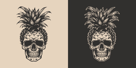 Set of vintage retro scary hipster skull with pineapple head. Can be used like emblem, logo, badge, label. mark, poster or print. Monochrome Graphic Art. Vector. Hand drawn element in engraving