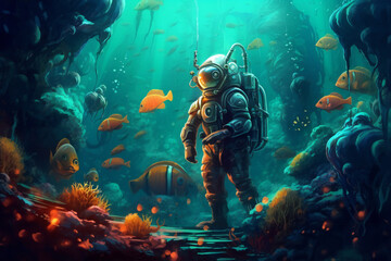 Wall Mural - An underwater scene with a scuba diver Generative AI 