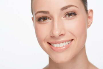 Sticker - Smile, dental care and portrait of a woman with treatment isolated on white background in studio for beauty. Happy, face closeup and model showing teeth for oral hygiene and healthy, natural skin