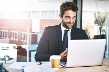 Laptop, planning and business man in office for online management, research and company software or website. Happy, corporate and workplace of professional person reading email or working on computer