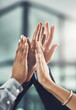 © K Seisa/peopleimages.com - Business people, hands and high five for winning, teamwork or success together at office. Group touching hand in team win, victory or achievement for company goals, unity or solidarity at workplace