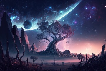 Wall Mural - landscape with galaxy background with fantasy night starry sky. distinct generative ai image.