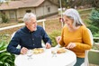 © Robert Kneschke - Happy elderly friends having meal together at table in garden
