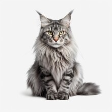 Grey Maine Coon Cat Sitting Isolated On White Background. Generative AI