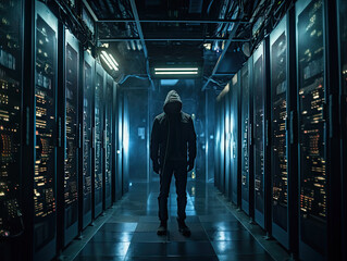 operator master repairs computer servers in a server room, close-up generative ai