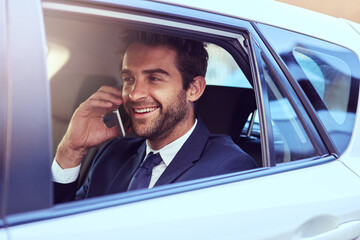 Poster - Phone call, journey and business man in car, talking and speaking to contact. Cellphone, taxi and male professional calling, smile and communication, discussion or conversation in travel transport.