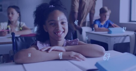 Poster - Animation of numbers over happy biracial schoolgirl smiling at desk in class