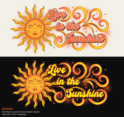 Wall Mural - Horizontal label with sun with face, fire swirls, short phrase, editable text effect. Mythological traditional fairytale character. For clothing, apparel, T-shirts, surface decoration, kids design