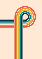 Retro stripes letter P. Vintage 70s colorful lines background. Old fashioned cover poster. Copy space.  Infinite rainbow intersection or crossing. Letter O. Groovy boho backdrop. Vector illustration