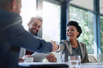 Aufkleber - Meeting, partnership and business people shaking hands in the office for a deal, collaboration or onboarding. Diversity, professional and employees with handshake for agreement, welcome or greeting.