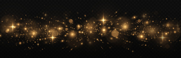 Wall Mural - The dust sparks and golden stars shine with special light. Glitter bokeh lights isolated on a transparent background. Sparkling space magical dust particles.