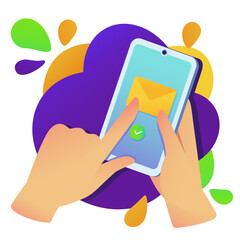 Wall Mural - hands with phone. character checks message in smartphone. business correspondence and communication 