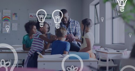 Poster - Animation of light bulbs over diverse male teacher and pupils studying brain model in class