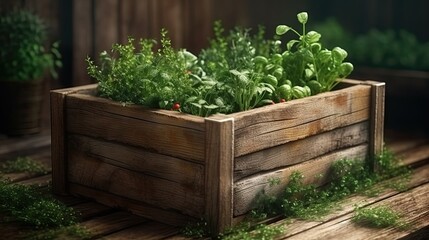 Wooden crate with a variety of fresh green potted culinary herbs like rosemary and basil growing outdoors in the garden. Generative AI